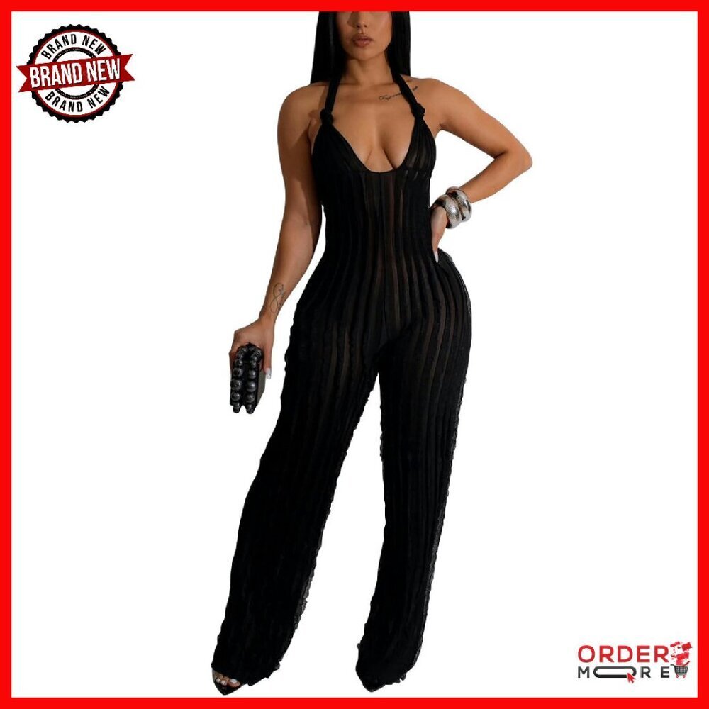 Wide Leg Halter Jumpsuit Polyester V Neck Tie Knot Pleated Boho